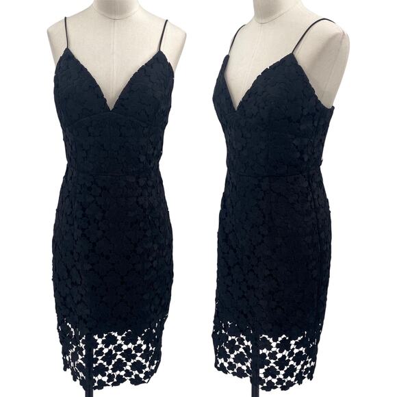 Milly Silk Embroidered Floral Lace Overlay Sheath Dress Illusion Hem Black 8 - Picture 1 of 10